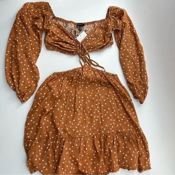 Forever 21 Brown Polka Dot Cutout Long Sleeve Dress – Size M, NWT - Picture 2 of 6